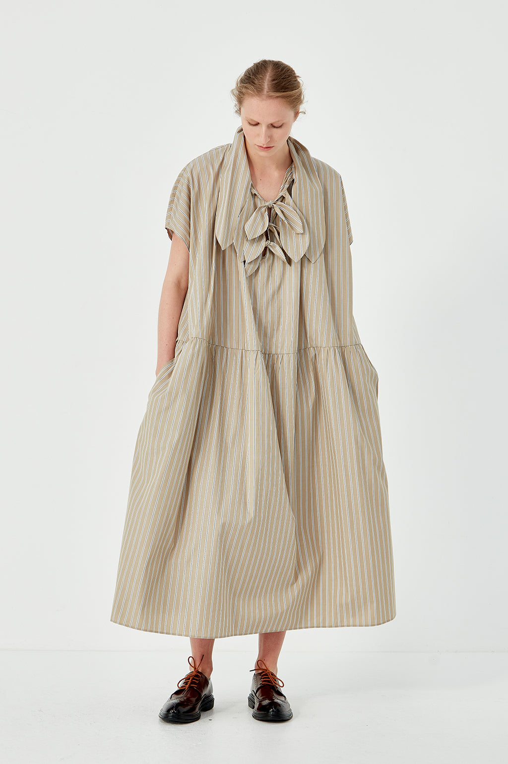 Drop Sleeve Painters Dress - Beige White