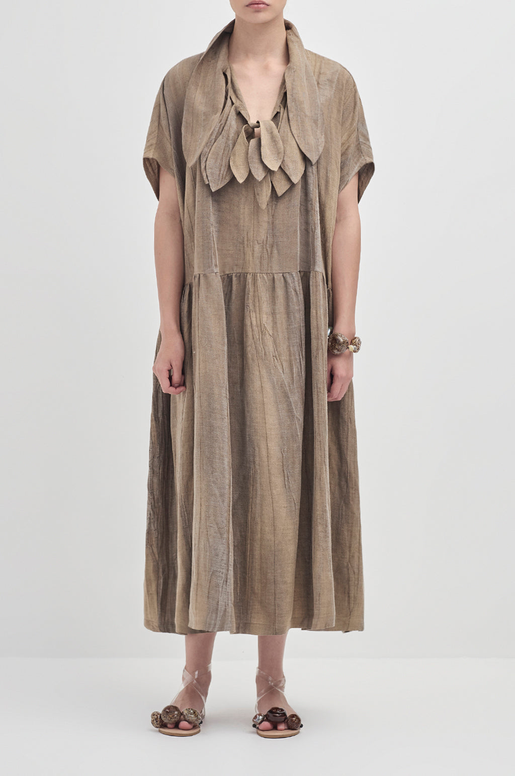 Drop Sleeve Painters Dress - Hand Dyed Linen Tencel - Dark Sand
